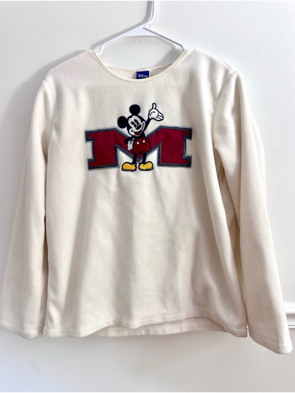 VINTAGE 90s Disney Mickey Mouse Varsity Big M Fleece Sweatshirt Cream